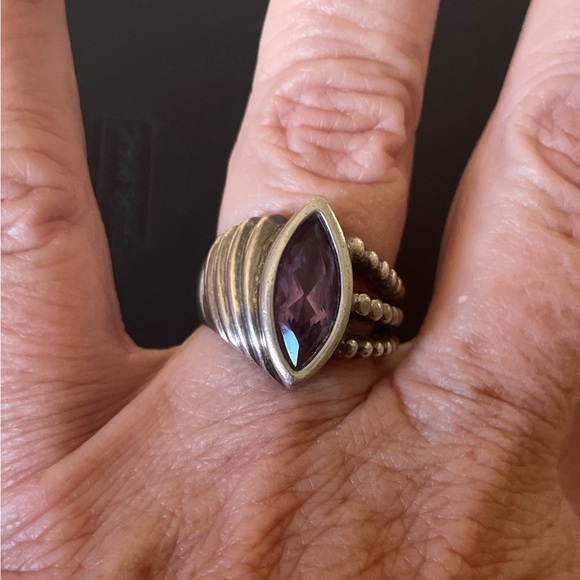 Estate Marked Sterling Channel Set Amethyst with Flared Ridged Sides Ring size 7 - Picture 2 of 8